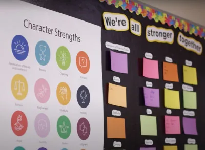 2.23.23_CSBulletinBoard Poster of the 24 Character Strengths on a bulletin board in a school hallway.