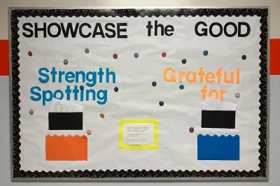 6.29.23_ShowcaseBB Bulletin board with Showcase the Good, strength spotting, and grateful for