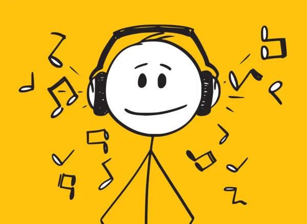 400x293_DG_Music Doodle Guy stick figure with headphones on listening to music with a yellow background.