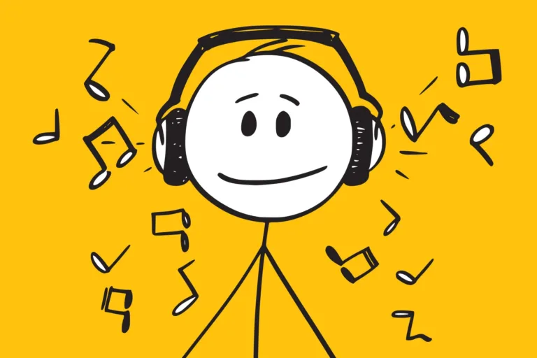 400x293_DG_Music Doodle Guy stick figure with headphones on listening to music with a yellow background.