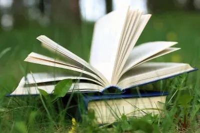 7.25.23_BookClubGen Two books are stacked on the grass outdoors. The top book is open with its pages fanned out.