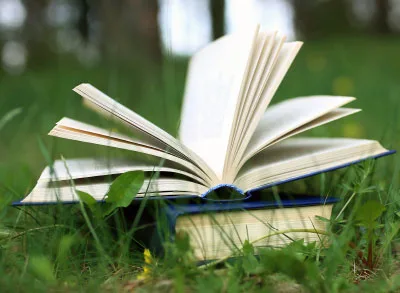 7.25.23_BookClubGen Two books are stacked on the grass outdoors. The top book is open with its pages fanned out.