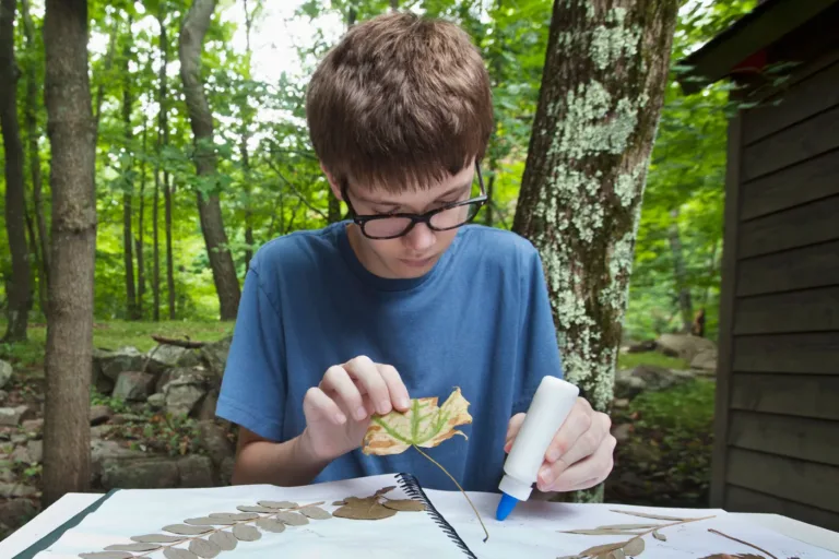 400x293_TEACH_PosPort Teenage boy with glasses and a blue shirt sitting outside gluing leaves onto a canvas, sitting in front of green trees.