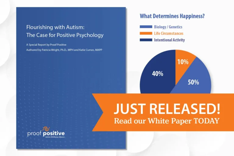400x293_WP+PieChart (1) Title page of white paper with blue background and title, "Flourishing with Autism: The Case for Positive Psychology" on the left, a pie chart with "What Determines Happiness" and an orange ribbon that says "Just Released! Read our White paper Today"