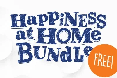 10.23.23_HappinessBundle "Happiness at Home Bundle" in blue with a white background and a "FREE!" icon in orange.