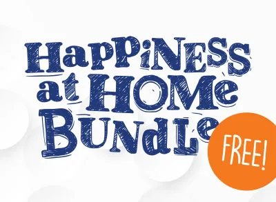 10.23.23_HappinessBundle "Happiness at Home Bundle" in blue with a white background and a "FREE!" icon in orange.
