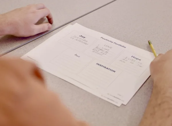 400x293_PosPort#2 A worksheet with title "Positivity Portfolios" and boxes for the positive emotions of joy, love, hope, pride, and inspiration and a teenage student's hand holding a pencil.