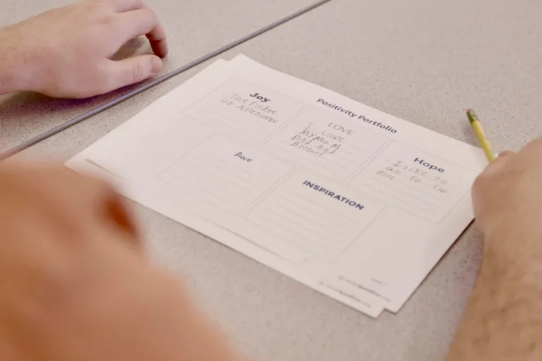 400x293_PosPort#2 A worksheet with title "Positivity Portfolios" and boxes for the positive emotions of joy, love, hope, pride, and inspiration and a teenage student's hand holding a pencil.