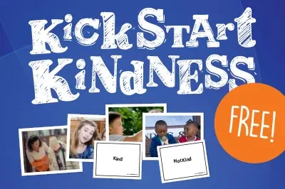 11.12.23_KindnessCover Blue background with "Kickstart Kindness" in white bold words and four photos demonstrating kindness in action and an orange circle with "FREE!" on it.