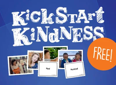 11.12.23_KindnessCover Blue background with "Kickstart Kindness" in white bold words and four photos demonstrating kindness in action and an orange circle with "FREE!" on it.