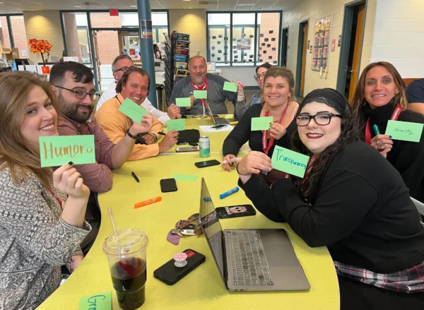 400x293_Nicole_New A group of teachers at a yellow table are holding up signs with character strengths on them for a professional development.