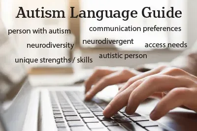 400x293_LanguageGuide (1) Autism Language guide. Image of hands typing with words above: person with autism, neurodiversity, unique strengths/skills, communication preferences, neurodivergent, access needs, autistic person