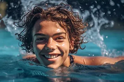 400x293_MfH_Swimmer A teenage boy is in a swimming pool with water splashing behind him