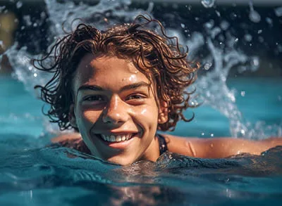 400x293_MfH_Swimmer A teenage boy is in a swimming pool with water splashing behind him