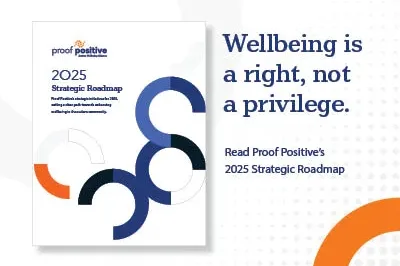 2024.11_400x293_Roadmap_BlogArt2 White background with front cover of 2025 Strategic Roadmap on the left, then words "Wellbeing is a right, not a privilege. Read Proof Positive's 2025 Strategic Roadmap" on the right.