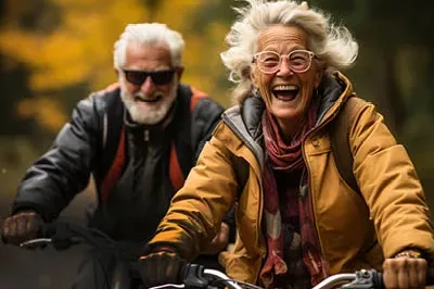 400x293_HappyHabitBikers Two elder people, a man and a woman, riding bikes with big smiles.