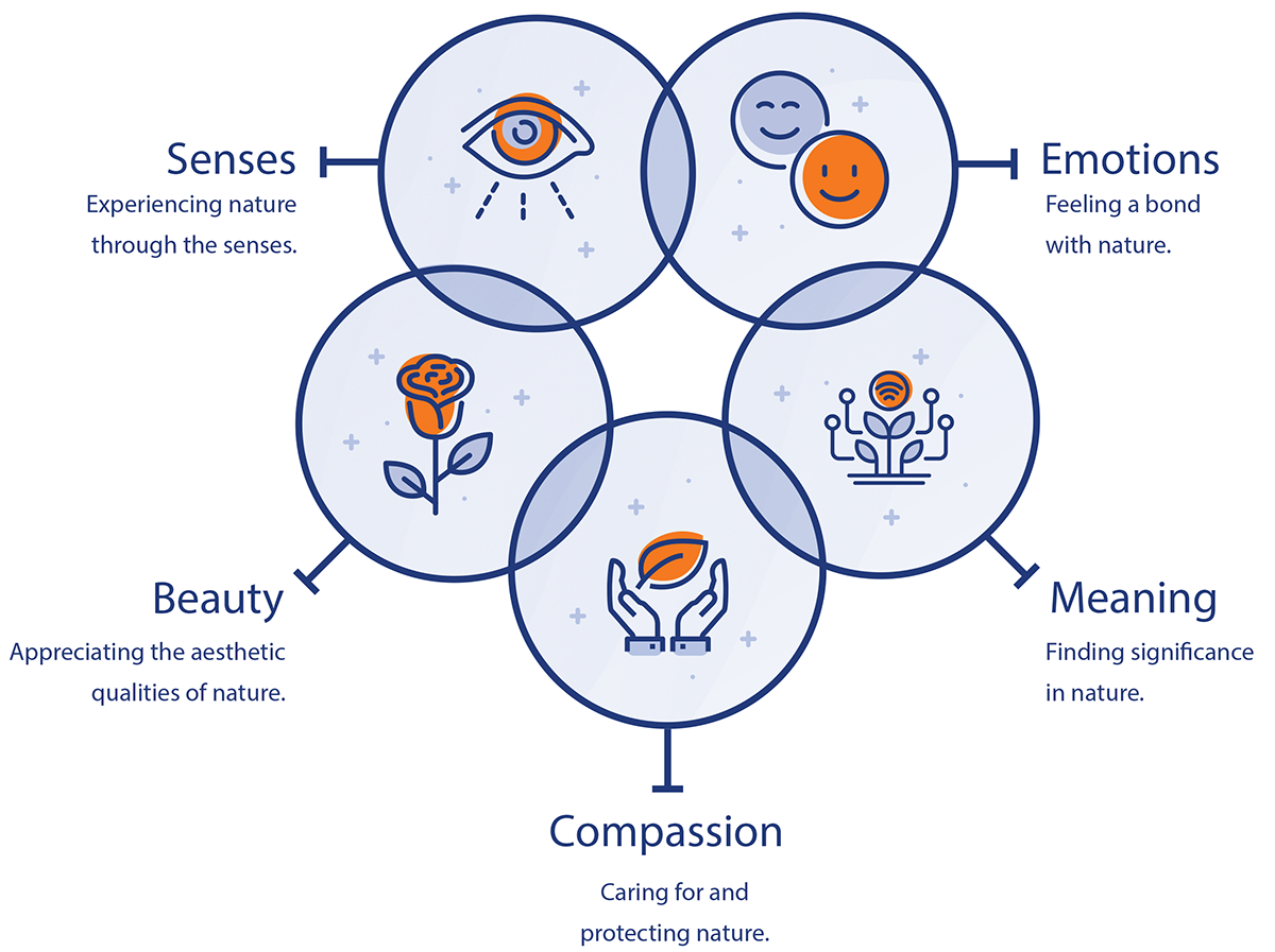 5 Pathways to Nature Graphic. Senses Experiencing nature through the senses. Emotions Feeling a bond with nature. Beauty. Appreciating the aesthetic qualities of nature. Compassion. Caring for and protecting nature. Meaning. Finding significance in nature.
