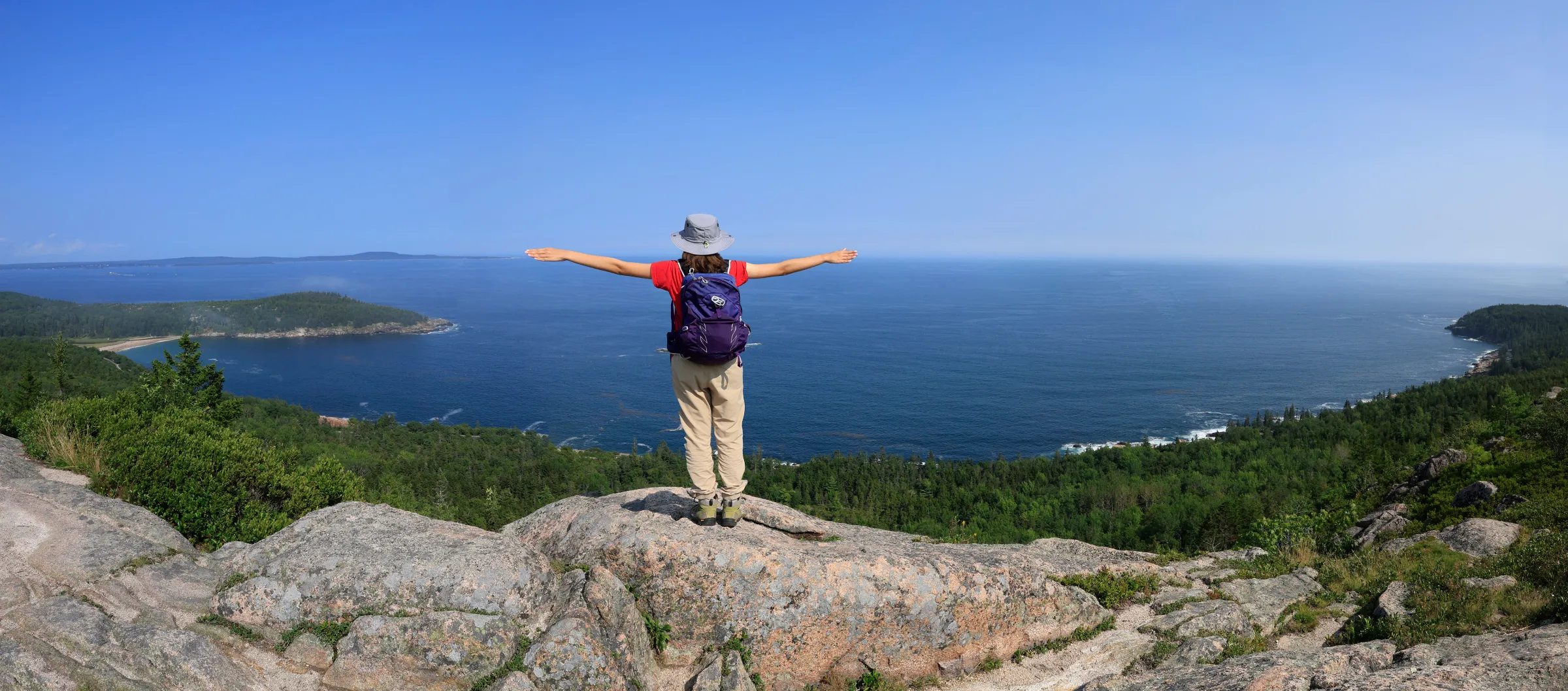 Young person arms outstretched over vista of ocean and trees