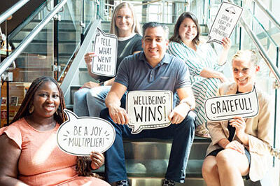 400x293_LI2025Blog 5 adults sitting on the steps inside a library holding up signs that say "wellbeing wins," "grateful," and "be a joy multiplier."