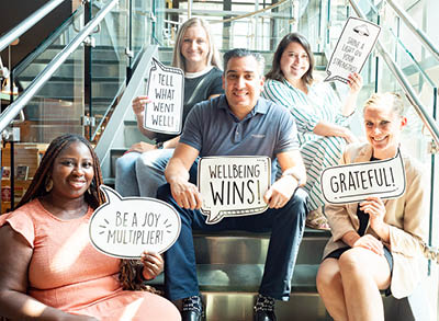 400x293_LI2025Blog 5 adults sitting on the steps inside a library holding up signs that say "wellbeing wins," "grateful," and "be a joy multiplier."