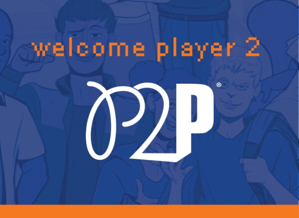 Dartmouth_PressReleaseArt "welcome player 2" in digitized orange font above "p2p" on a blue background