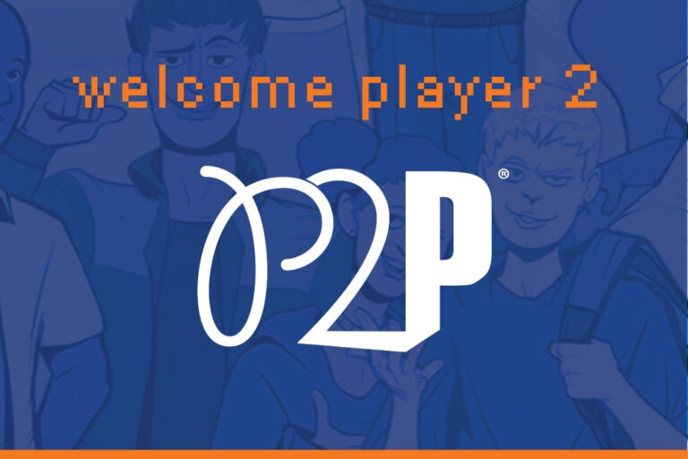 Dartmouth_PressReleaseArt "welcome player 2" in digitized orange font above "p2p" on a blue background