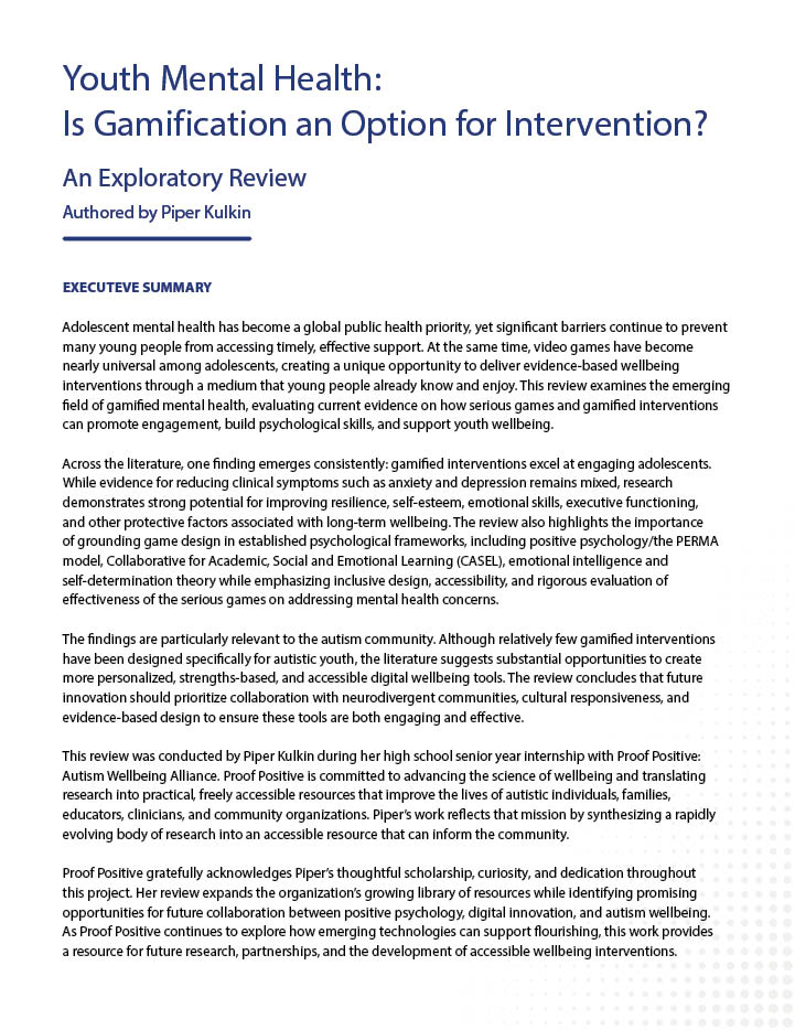 Youth Mental Health: Is Gamification an Option for Intervention? Cover page of an exploratory review titled 'Youth Mental Health: Is Gamification an Option for Intervention?' by Piper Kulkin.
