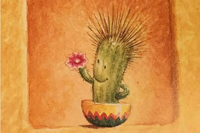 400x293_HugCactus Cute cartoon cactus with spines, standing in a decorative orange pot, holding a pink flower.