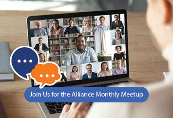 OurWork_HompageThumbnails Computer with a bubble that says "Join US for the Alliance Monthly Meetup"
